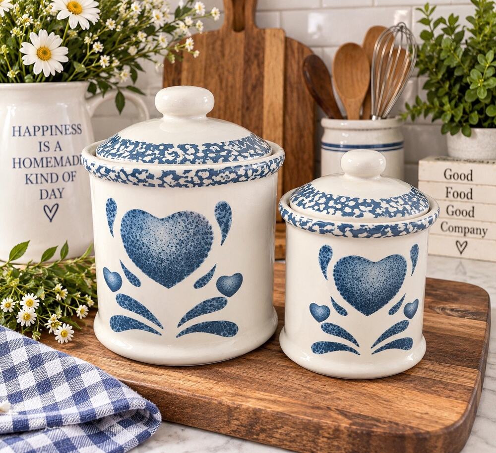 Vintage Jay Imports Country Blue Heart Stoneware Canisters Set of 2 Farmhouse